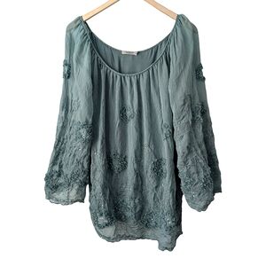 Tendenze Silk Blend Floral Green Embroidery Flowy Boho Sheer blouse, size L
